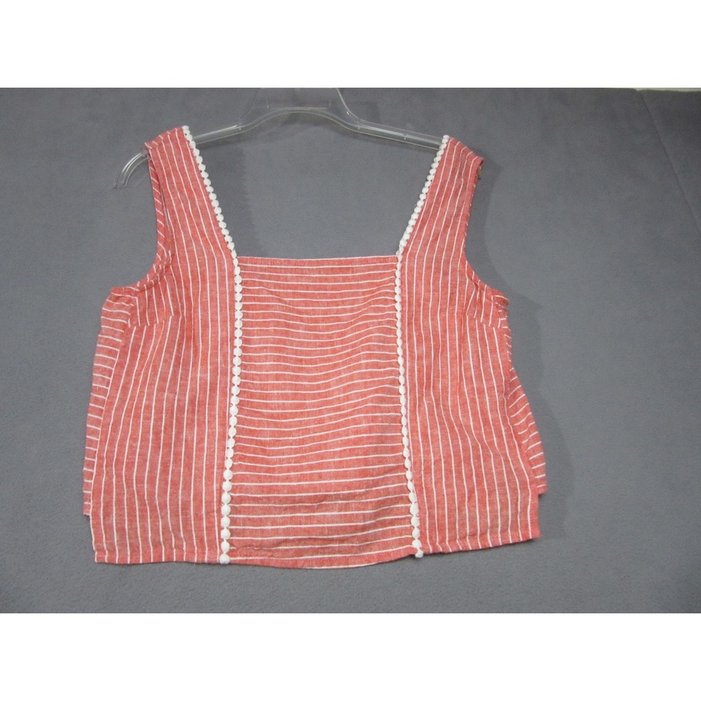Marine Layer Tank Top Womens Small Red White Striped Linen Blend Pom Pom Trim